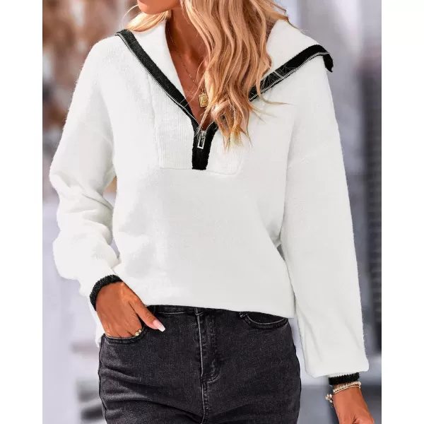 BTFBM Womens 2024 Fall Winter Half Zip Pullover Sweaters Casual V Neck Long Sleeve Ribbed Knit Loose Jumper TopsSolid White