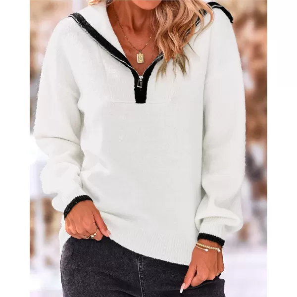 BTFBM Womens 2024 Fall Winter Half Zip Pullover Sweaters Casual V Neck Long Sleeve Ribbed Knit Loose Jumper TopsSolid White