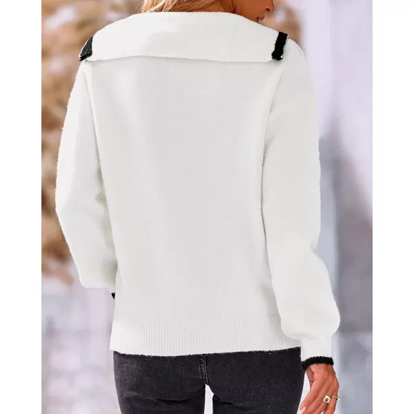 BTFBM Womens 2024 Fall Winter Half Zip Pullover Sweaters Casual V Neck Long Sleeve Ribbed Knit Loose Jumper TopsSolid White