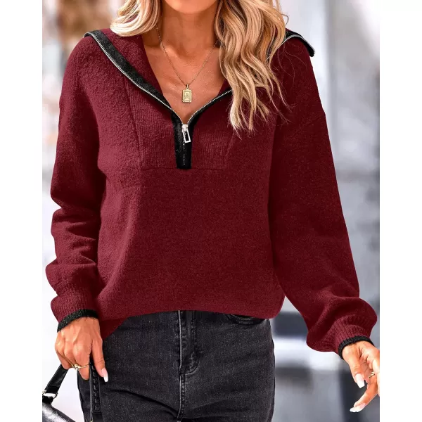 BTFBM Womens 2024 Fall Winter Half Zip Pullover Sweaters Casual V Neck Long Sleeve Ribbed Knit Loose Jumper TopsSolid Wine Red