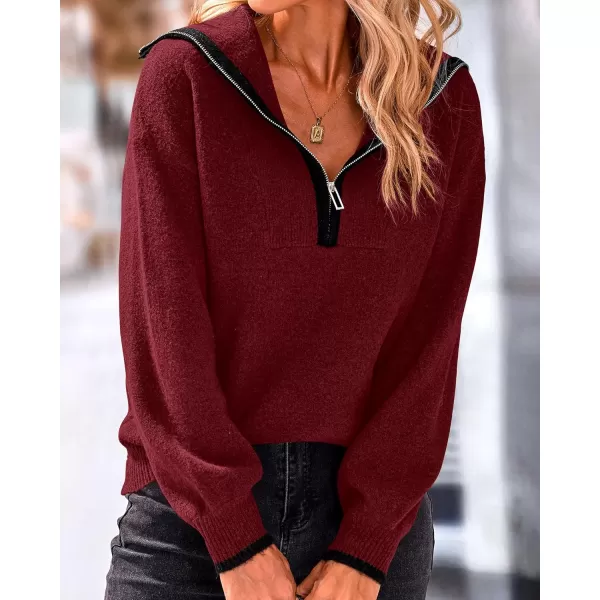 BTFBM Womens 2024 Fall Winter Half Zip Pullover Sweaters Casual V Neck Long Sleeve Ribbed Knit Loose Jumper TopsSolid Wine Red