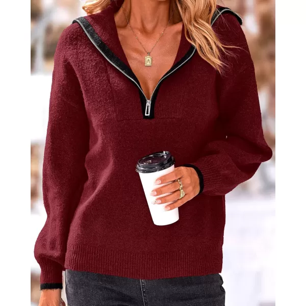 BTFBM Womens 2024 Fall Winter Half Zip Pullover Sweaters Casual V Neck Long Sleeve Ribbed Knit Loose Jumper TopsSolid Wine Red