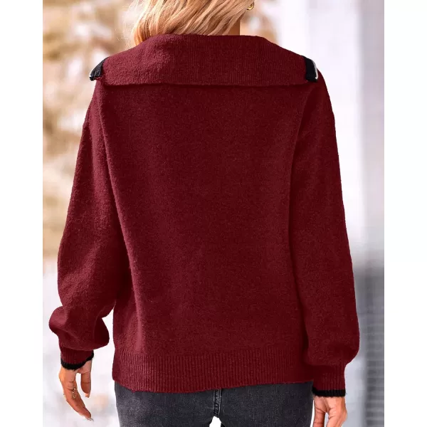 BTFBM Womens 2024 Fall Winter Half Zip Pullover Sweaters Casual V Neck Long Sleeve Ribbed Knit Loose Jumper TopsSolid Wine Red