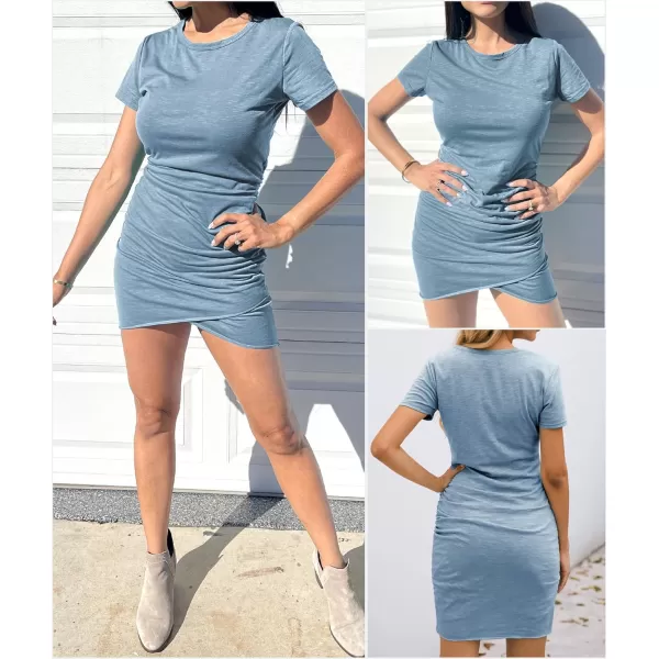 BTFBM Womens 2024 Summer Casual Beach Dresses Crew Neck Short Sleeve Wrap Party Club Mini Ruched Bodycon T Shirt DressBlue