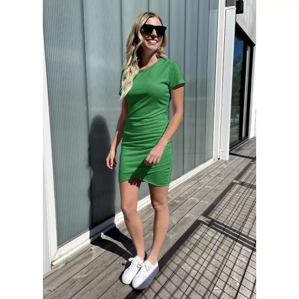 BTFBM Womens 2024 Summer Casual Beach Dresses Crew Neck Short Sleeve Wrap Party Club Mini Ruched Bodycon T Shirt DressBright Green