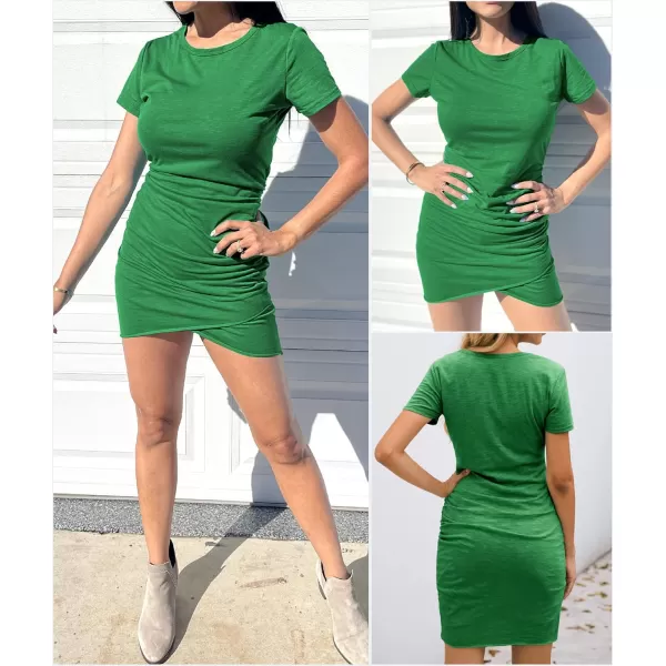 BTFBM Womens 2024 Summer Casual Beach Dresses Crew Neck Short Sleeve Wrap Party Club Mini Ruched Bodycon T Shirt DressBright Green