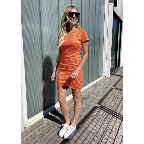 BTFBM Womens 2024 Summer Casual Beach Dresses Crew Neck Short Sleeve Wrap Party Club Mini Ruched Bodycon T Shirt DressBright Orange