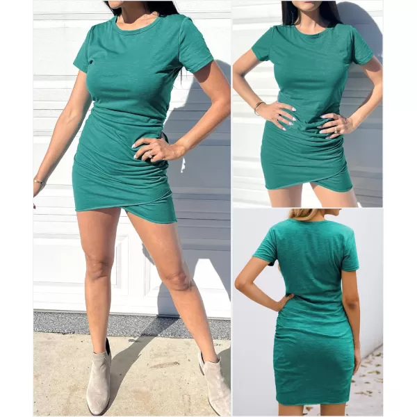 BTFBM Womens 2024 Summer Casual Beach Dresses Crew Neck Short Sleeve Wrap Party Club Mini Ruched Bodycon T Shirt DressCyan Blue