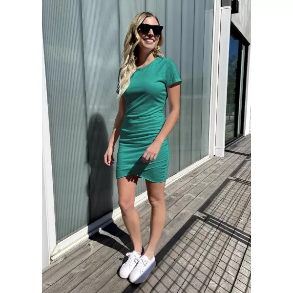 BTFBM Womens 2024 Summer Casual Beach Dresses Crew Neck Short Sleeve Wrap Party Club Mini Ruched Bodycon T Shirt DressCyan Blue