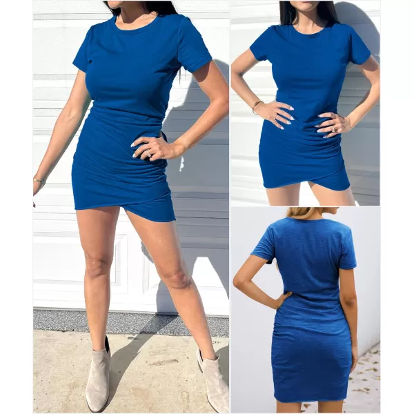 BTFBM Womens 2024 Summer Casual Beach Dresses Crew Neck Short Sleeve Wrap Party Club Mini Ruched Bodycon T Shirt DressDark Blue