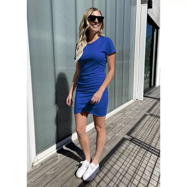 BTFBM Womens 2024 Summer Casual Beach Dresses Crew Neck Short Sleeve Wrap Party Club Mini Ruched Bodycon T Shirt DressDark Blue
