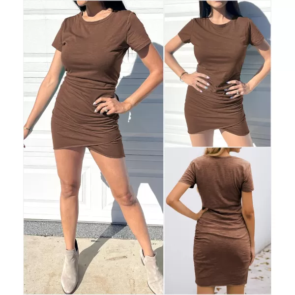 BTFBM Womens 2024 Summer Casual Beach Dresses Crew Neck Short Sleeve Wrap Party Club Mini Ruched Bodycon T Shirt DressDark Brown