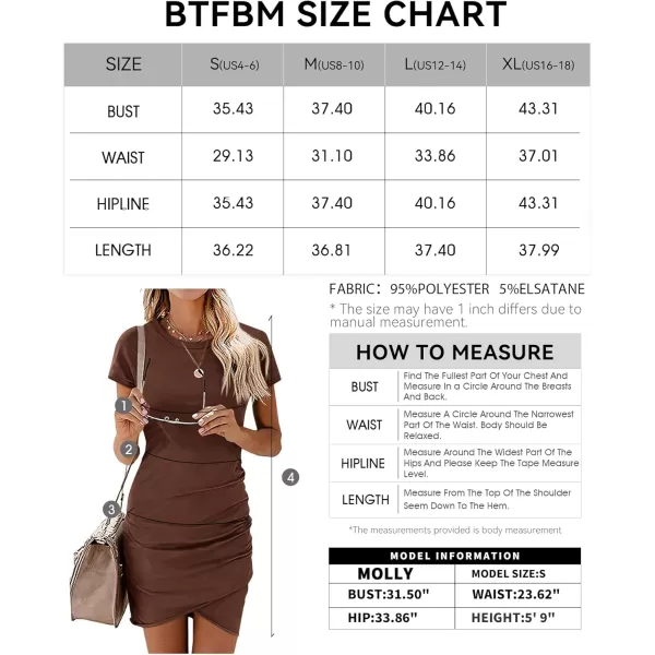 BTFBM Womens 2024 Summer Casual Beach Dresses Crew Neck Short Sleeve Wrap Party Club Mini Ruched Bodycon T Shirt DressDark Brown