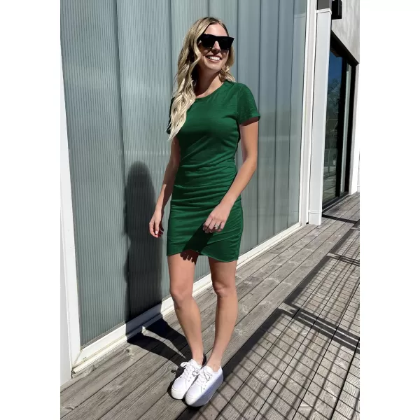 BTFBM Womens 2024 Summer Casual Beach Dresses Crew Neck Short Sleeve Wrap Party Club Mini Ruched Bodycon T Shirt DressDark Green