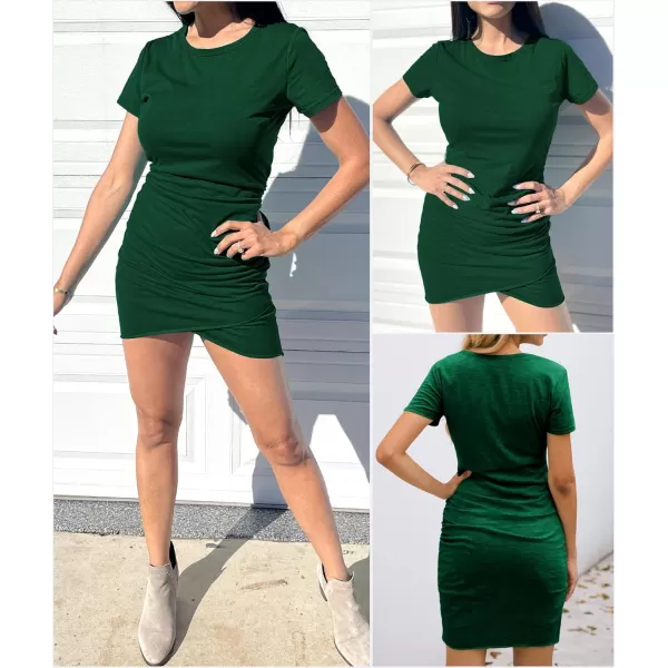 BTFBM Womens 2024 Summer Casual Beach Dresses Crew Neck Short Sleeve Wrap Party Club Mini Ruched Bodycon T Shirt DressDark Green