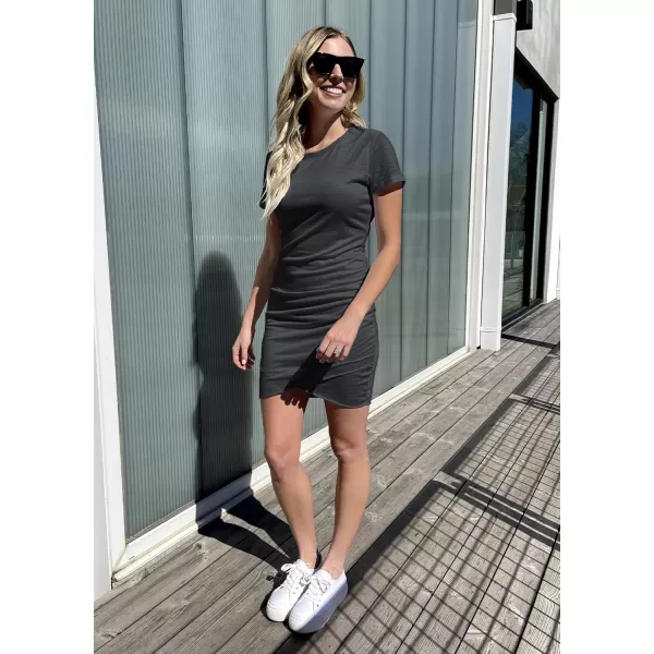 BTFBM Womens 2024 Summer Casual Beach Dresses Crew Neck Short Sleeve Wrap Party Club Mini Ruched Bodycon T Shirt DressDark Grey