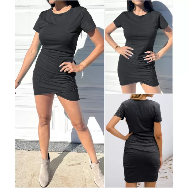 BTFBM Womens 2024 Summer Casual Beach Dresses Crew Neck Short Sleeve Wrap Party Club Mini Ruched Bodycon T Shirt DressDark Grey
