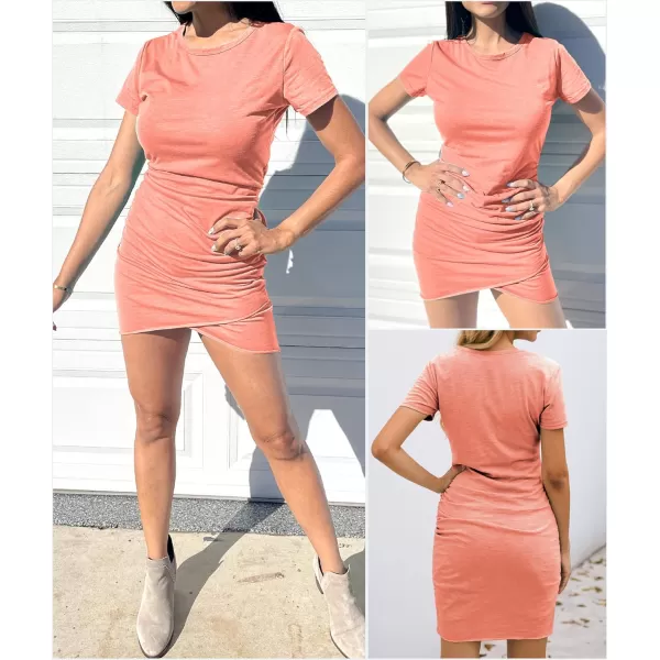 BTFBM Womens 2024 Summer Casual Beach Dresses Crew Neck Short Sleeve Wrap Party Club Mini Ruched Bodycon T Shirt DressDark Pink