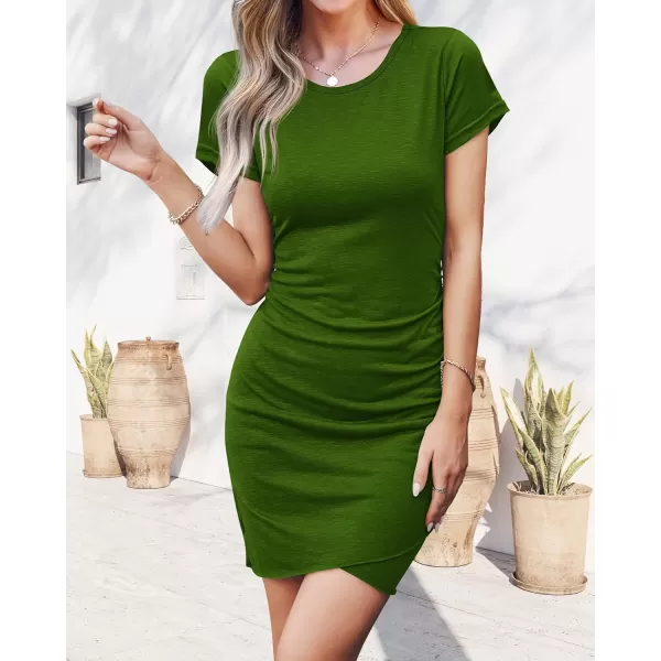 BTFBM Womens 2024 Summer Casual Beach Dresses Crew Neck Short Sleeve Wrap Party Club Mini Ruched Bodycon T Shirt DressGreen