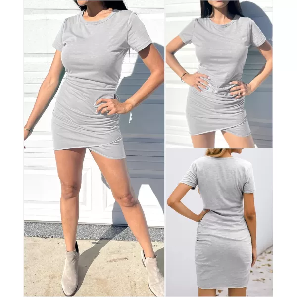 BTFBM Womens 2024 Summer Casual Beach Dresses Crew Neck Short Sleeve Wrap Party Club Mini Ruched Bodycon T Shirt DressGrey