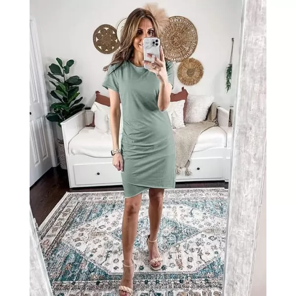 BTFBM Womens 2024 Summer Casual Beach Dresses Crew Neck Short Sleeve Wrap Party Club Mini Ruched Bodycon T Shirt DressGrey Green