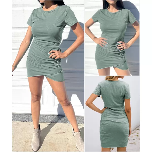 BTFBM Womens 2024 Summer Casual Beach Dresses Crew Neck Short Sleeve Wrap Party Club Mini Ruched Bodycon T Shirt DressGrey Green
