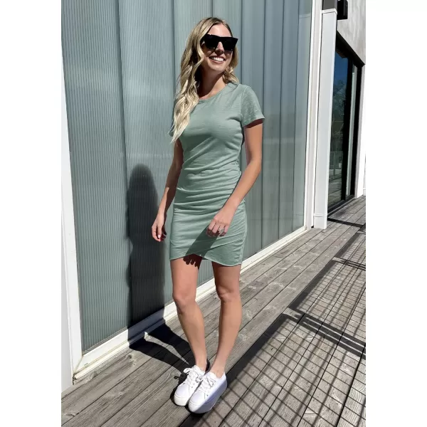 BTFBM Womens 2024 Summer Casual Beach Dresses Crew Neck Short Sleeve Wrap Party Club Mini Ruched Bodycon T Shirt DressGrey Green