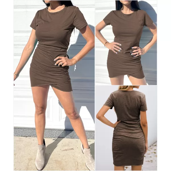 BTFBM Womens 2024 Summer Casual Beach Dresses Crew Neck Short Sleeve Wrap Party Club Mini Ruched Bodycon T Shirt DressKhaki