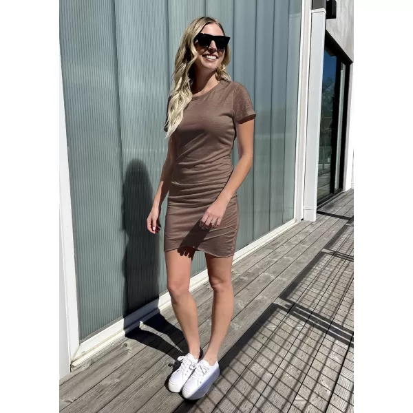 BTFBM Womens 2024 Summer Casual Beach Dresses Crew Neck Short Sleeve Wrap Party Club Mini Ruched Bodycon T Shirt DressKhaki