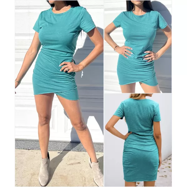 BTFBM Womens 2024 Summer Casual Beach Dresses Crew Neck Short Sleeve Wrap Party Club Mini Ruched Bodycon T Shirt DressLake Blue
