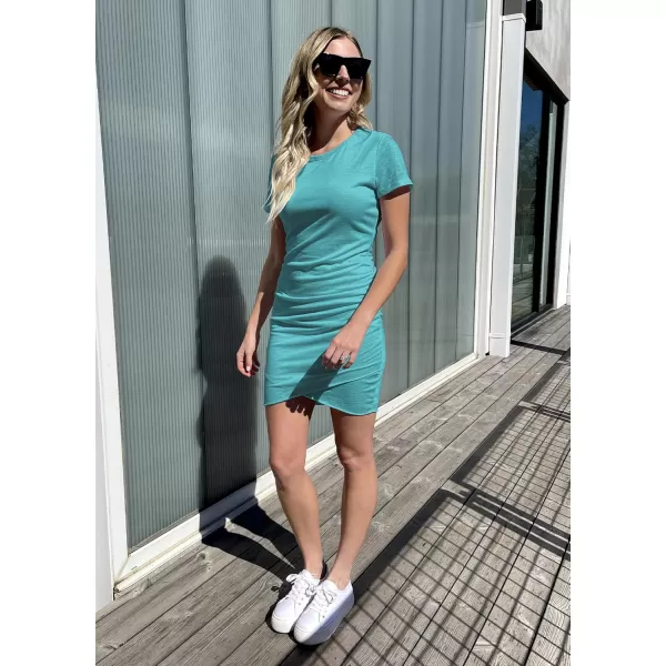 BTFBM Womens 2024 Summer Casual Beach Dresses Crew Neck Short Sleeve Wrap Party Club Mini Ruched Bodycon T Shirt DressLake Blue