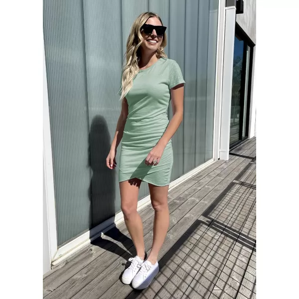 BTFBM Womens 2024 Summer Casual Beach Dresses Crew Neck Short Sleeve Wrap Party Club Mini Ruched Bodycon T Shirt DressLight Green