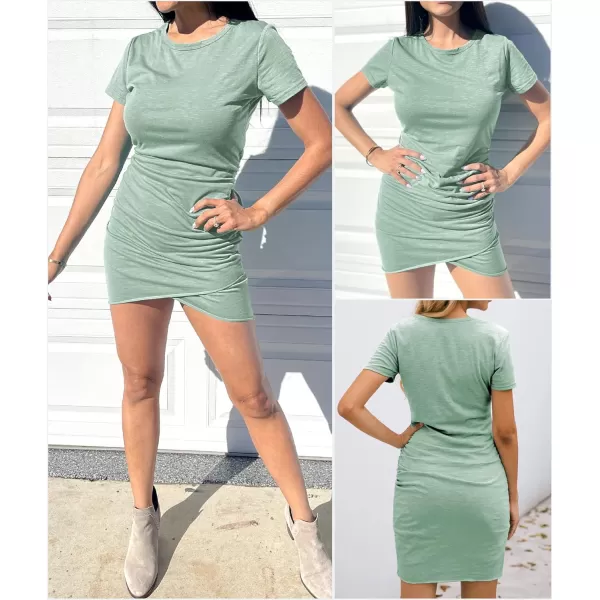 BTFBM Womens 2024 Summer Casual Beach Dresses Crew Neck Short Sleeve Wrap Party Club Mini Ruched Bodycon T Shirt DressLight Green