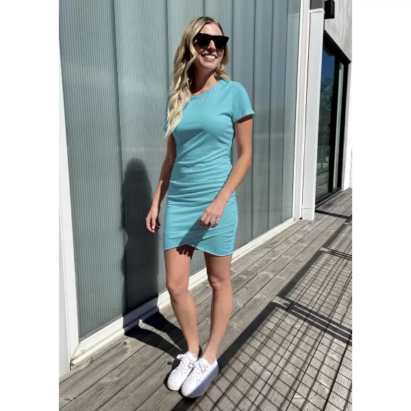 BTFBM Womens 2024 Summer Casual Beach Dresses Crew Neck Short Sleeve Wrap Party Club Mini Ruched Bodycon T Shirt DressLight Lake Blue