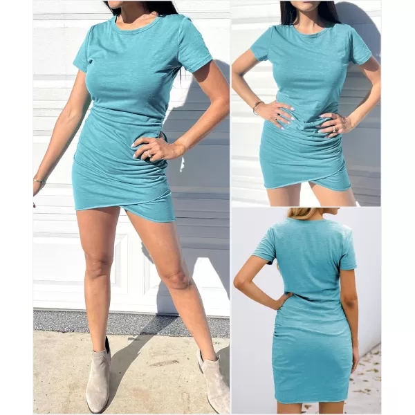 BTFBM Womens 2024 Summer Casual Beach Dresses Crew Neck Short Sleeve Wrap Party Club Mini Ruched Bodycon T Shirt DressLight Lake Blue