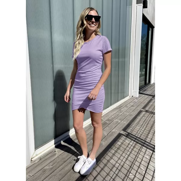 BTFBM Womens 2024 Summer Casual Beach Dresses Crew Neck Short Sleeve Wrap Party Club Mini Ruched Bodycon T Shirt DressLight Purple