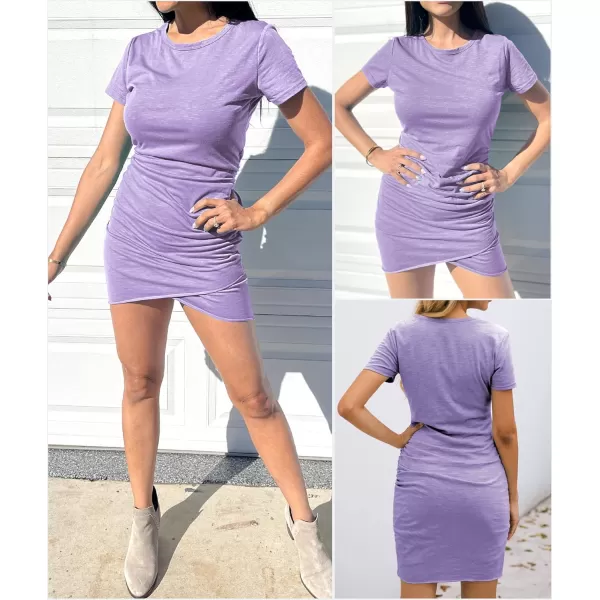 BTFBM Womens 2024 Summer Casual Beach Dresses Crew Neck Short Sleeve Wrap Party Club Mini Ruched Bodycon T Shirt DressLight Purple