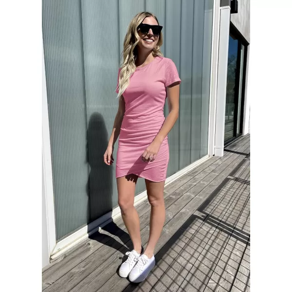 BTFBM Womens 2024 Summer Casual Beach Dresses Crew Neck Short Sleeve Wrap Party Club Mini Ruched Bodycon T Shirt DressLight Red