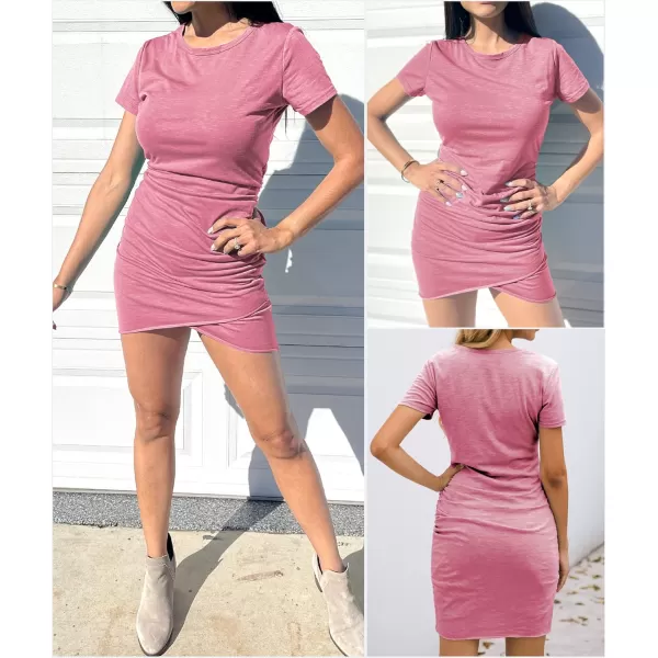 BTFBM Womens 2024 Summer Casual Beach Dresses Crew Neck Short Sleeve Wrap Party Club Mini Ruched Bodycon T Shirt DressLight Red