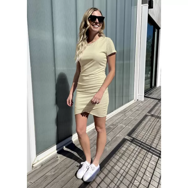 BTFBM Womens 2024 Summer Casual Beach Dresses Crew Neck Short Sleeve Wrap Party Club Mini Ruched Bodycon T Shirt DressLight Yellow