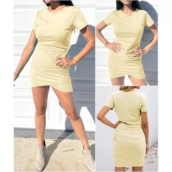 BTFBM Womens 2024 Summer Casual Beach Dresses Crew Neck Short Sleeve Wrap Party Club Mini Ruched Bodycon T Shirt DressLight Yellow
