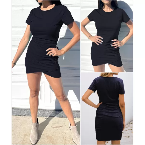 BTFBM Womens 2024 Summer Casual Beach Dresses Crew Neck Short Sleeve Wrap Party Club Mini Ruched Bodycon T Shirt DressNavy