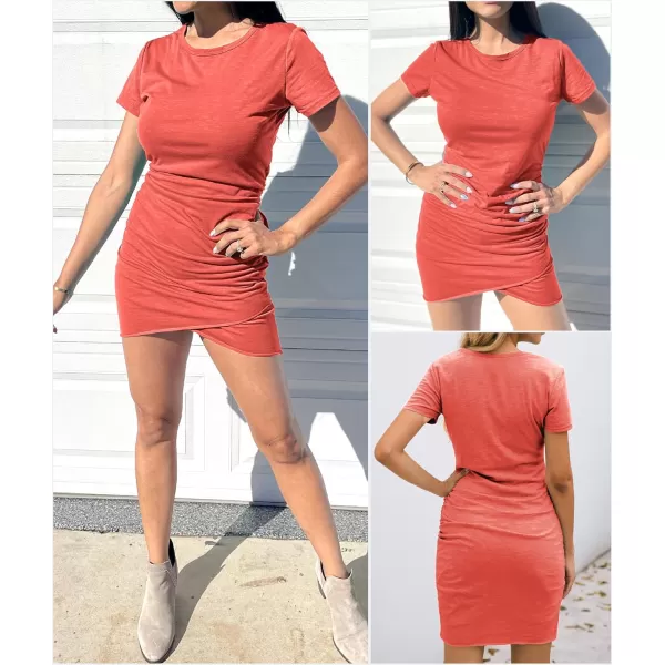 BTFBM Womens 2024 Summer Casual Beach Dresses Crew Neck Short Sleeve Wrap Party Club Mini Ruched Bodycon T Shirt DressOrange Red