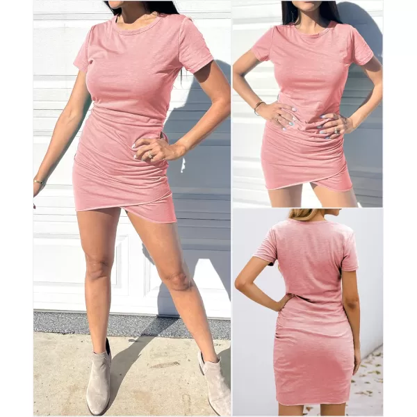 BTFBM Womens 2024 Summer Casual Beach Dresses Crew Neck Short Sleeve Wrap Party Club Mini Ruched Bodycon T Shirt DressPeach Pink
