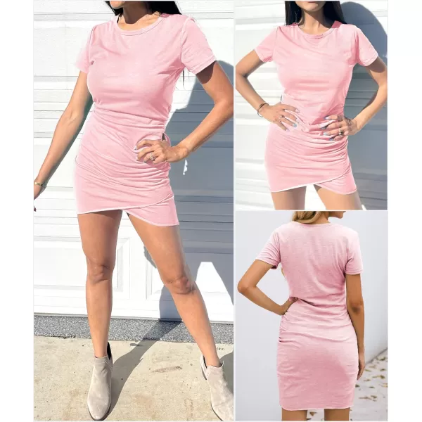 BTFBM Womens 2024 Summer Casual Beach Dresses Crew Neck Short Sleeve Wrap Party Club Mini Ruched Bodycon T Shirt DressPink
