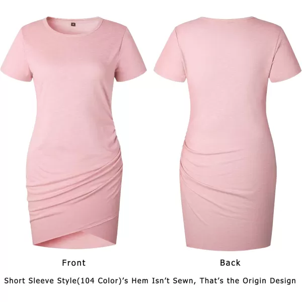 BTFBM Womens 2024 Summer Casual Beach Dresses Crew Neck Short Sleeve Wrap Party Club Mini Ruched Bodycon T Shirt DressPink
