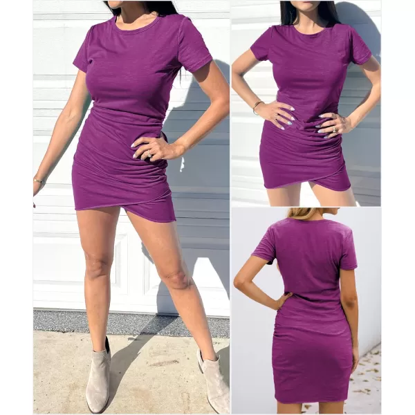 BTFBM Womens 2024 Summer Casual Beach Dresses Crew Neck Short Sleeve Wrap Party Club Mini Ruched Bodycon T Shirt DressPurple