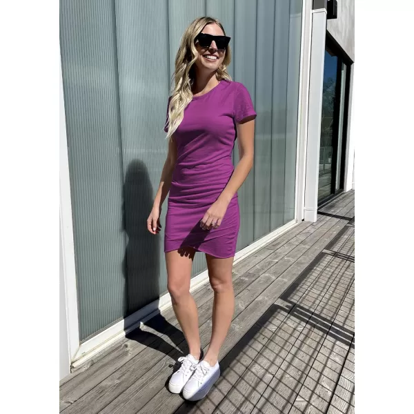 BTFBM Womens 2024 Summer Casual Beach Dresses Crew Neck Short Sleeve Wrap Party Club Mini Ruched Bodycon T Shirt DressPurple