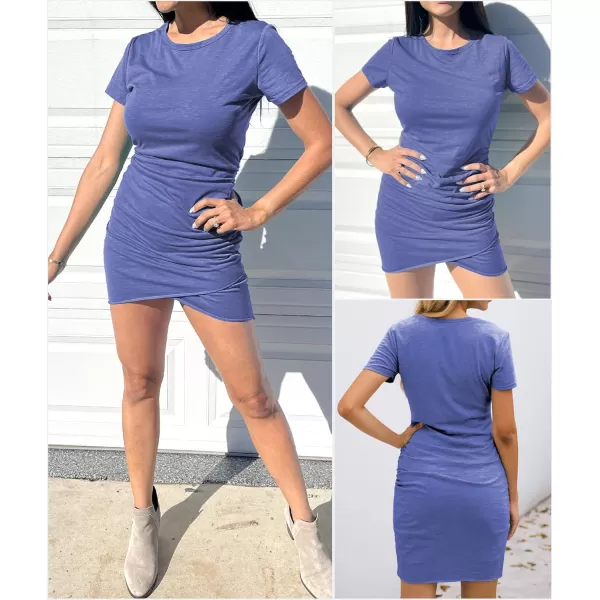 BTFBM Womens 2024 Summer Casual Beach Dresses Crew Neck Short Sleeve Wrap Party Club Mini Ruched Bodycon T Shirt DressPurple Blue