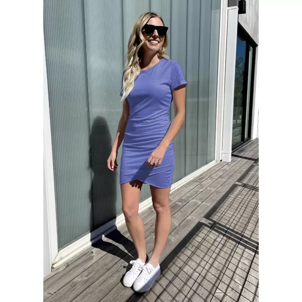 BTFBM Womens 2024 Summer Casual Beach Dresses Crew Neck Short Sleeve Wrap Party Club Mini Ruched Bodycon T Shirt DressPurple Blue
